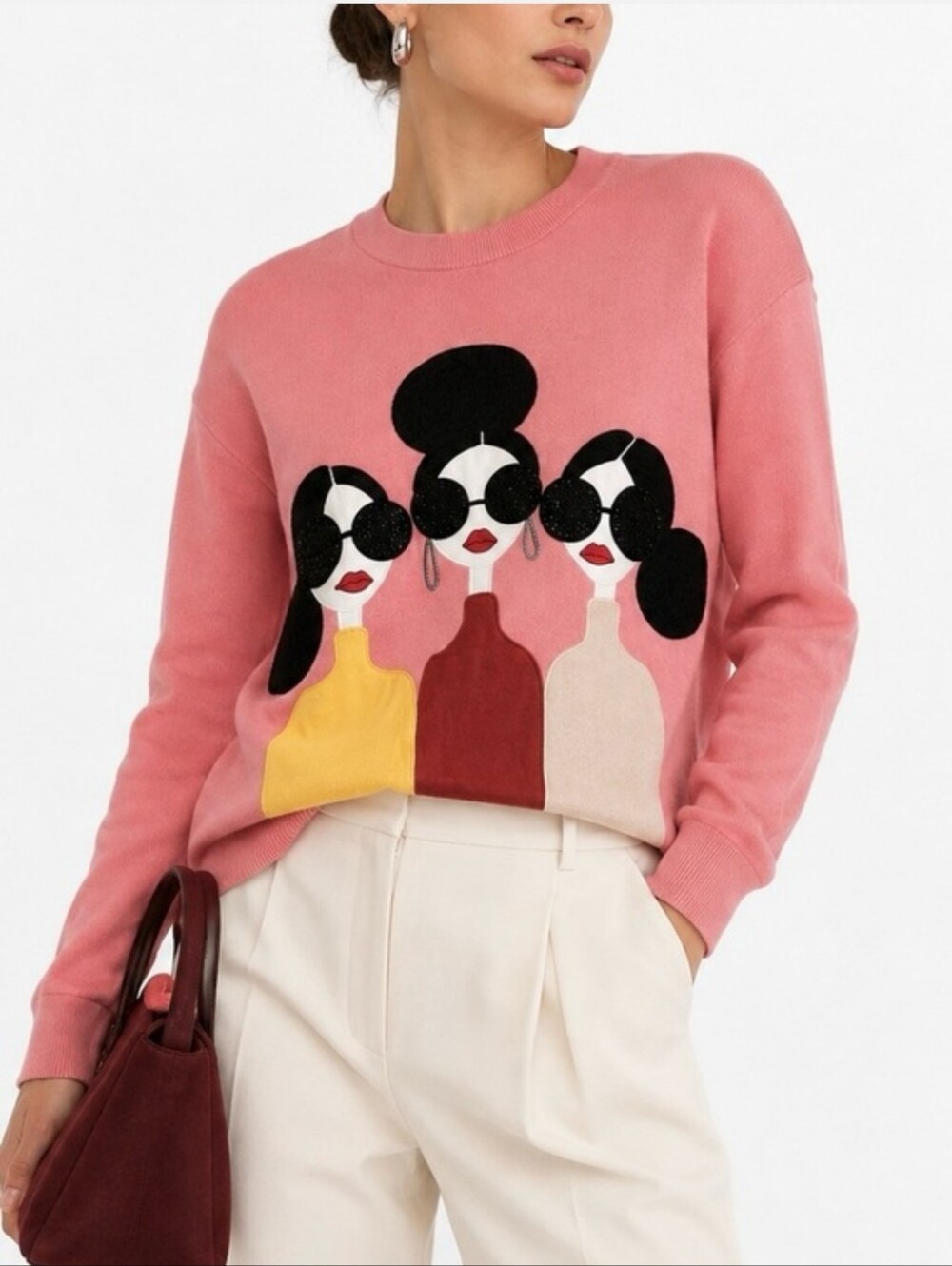 Alice+ Olivia Nyla Three Ladies Boxy Cotton Embroidered Crewneck Sweater XS